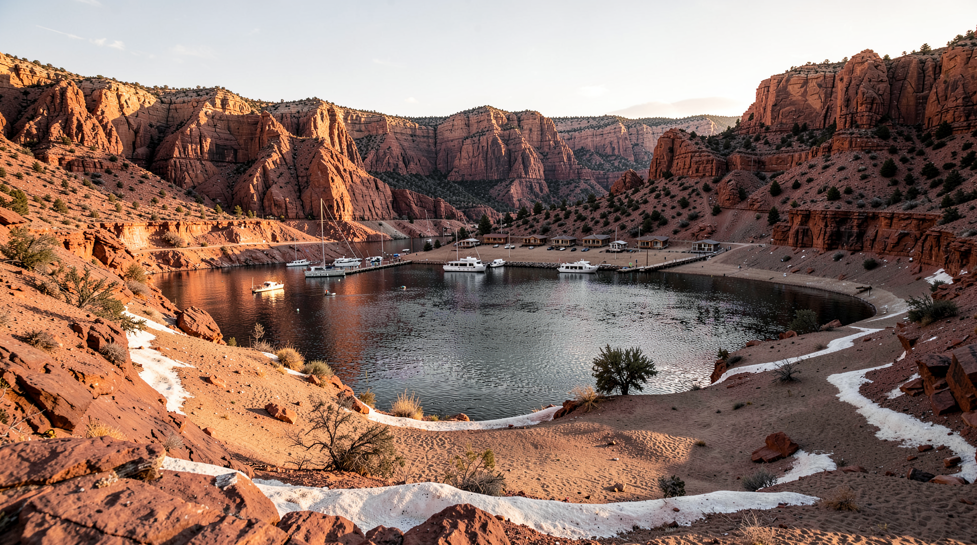 The bleached bathtub ring on red-rock canyon walls at Lake Powell, the water surface low against a marina with houseboats sitting on dry sand.