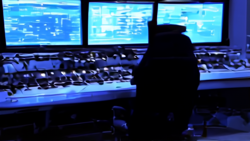 The LHCb control room at CERN with banks of monitors in soft blue work-light, an empty operator chair in the foreground.