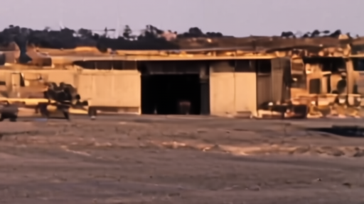 A Hollywood film studio lot at dusk with sound stages and a roll-up door open to a darkened interior