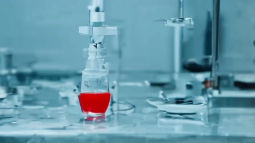A laboratory bench with a small beaker of red liquid beside a syringe of clear reagent, a chronometer in the foreground reading five seconds.