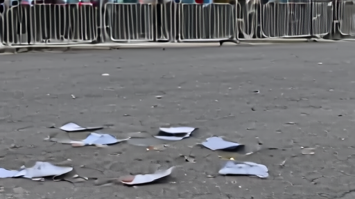 A police barricade outside the Metropolitan Museum the morning after, scattered fragments of a protest sign on the pavement.