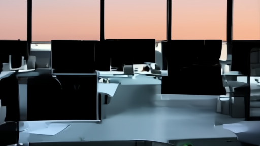 An open-plan tech office at evening with empty desks, monitors dark, large windows showing dusk