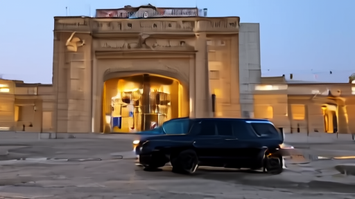 The exterior of Iran's Supreme National Security Council building in Tehran at dusk with a black SUV at the front gate flanked by plainclothes security