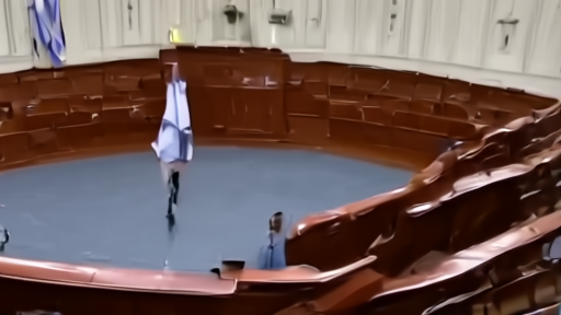 Senate floor view at midday from the press gallery, empty desks, single staff aide crossing the well, midday light through the chamber skylight