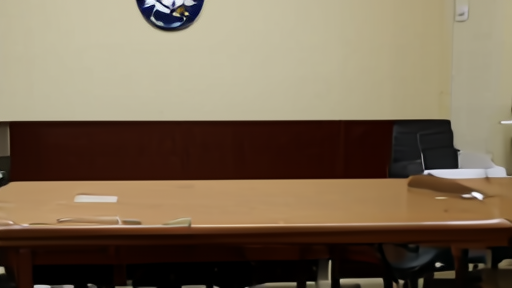 An empty NSF boardroom with name placards removed, fluorescent overhead light, a single seal on the wall and chairs pushed back from the table.