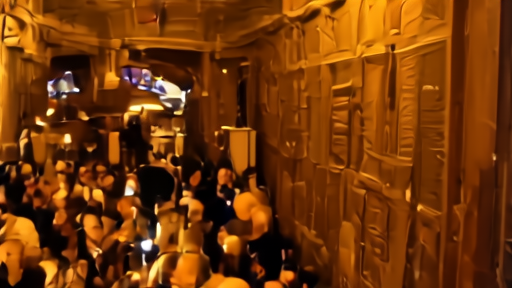 A narrow vintage New York bar back-room stage with vintage microphone and small crowd