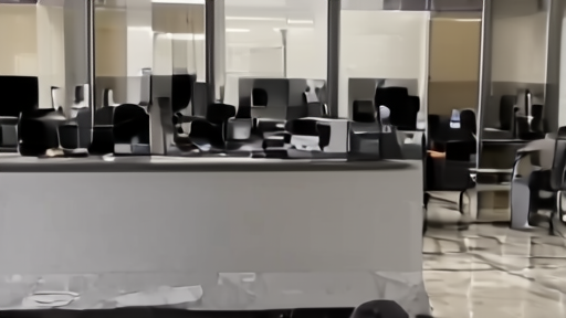 FCC headquarters lobby at midday with a security desk, glass-doored conference room visible beyond, and one staff lawyer crossing the marble floor with a folder