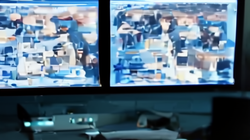 An Iranian state-television control room shows three feeds — a podium briefing, a military command desk, and an IRGC commander at a microphone — on adjacent monitors.