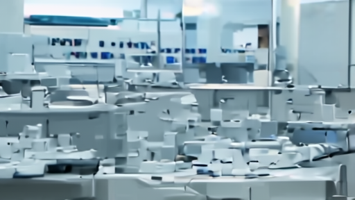 An empty pharmaceutical research lab at evening with bench surfaces lit by overhead fluorescents