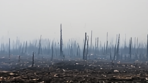 Smoldering ground inside a charred south Georgia pine forest with thin smoke rising from peat soil