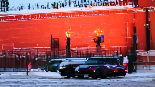 The exterior of the Kremlin's Senate Building at dusk with a black Aurus government car at the gate and security in plainclothes