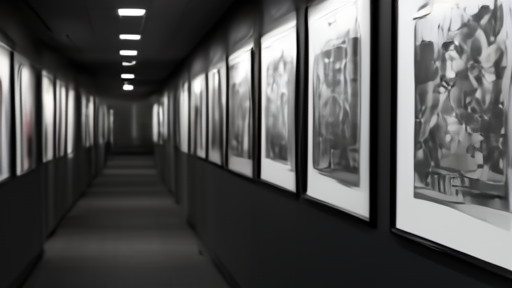 A newsroom corridor with framed prize-winning photographs lit by evening light, no people