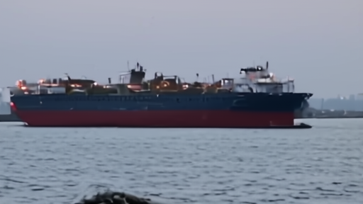 A laden tanker sits at anchor off an Iranian coastal terminal under sodium dock lights, two patrol boats moored alongside.
