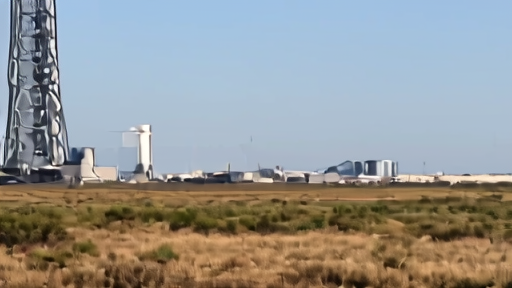 Starship stacked on the launch pad at SpaceX Starbase under a clear Texas sky