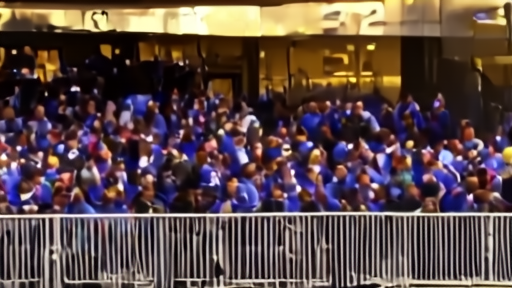 Crypto.com Arena exterior at dusk before Game 4 with Thunder away fans in blue jerseys mixed with Lakers home crowd in purple