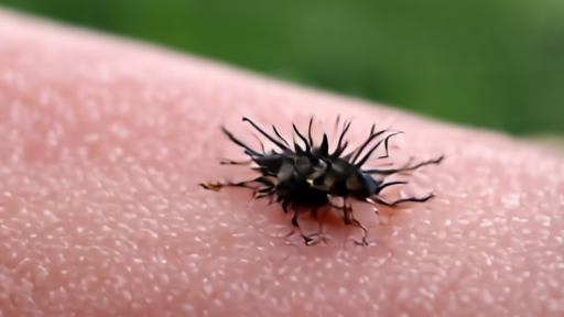 A blacklegged deer tick on a fingertip, magnified against the grain of human skin.