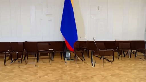A Russian Foreign Ministry briefing rostrum stands empty under a tricolor flag as a single camera operator waits in folding-chair seating.