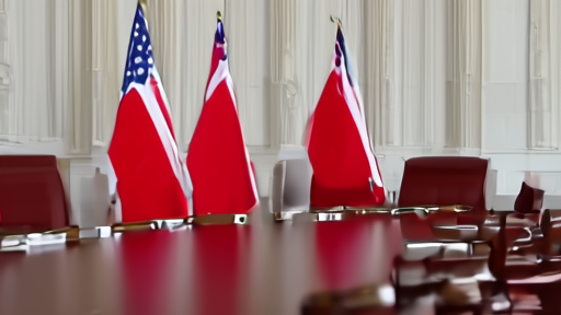 An empty Great Hall of the People meeting room with two flanking flagstands — Stars and Stripes, five-star red — and a long polished conference table set for senior delegations.