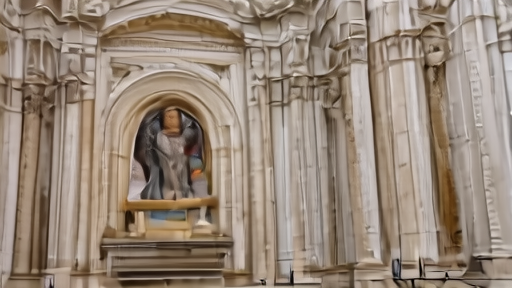 An interior view of a side chapel in St. Peter's Basilica with a Marian icon centered above a low altar and unlit candle stands in the foreground.
