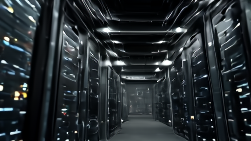 A dim server room with rows of network switches glowing with status lights and dark fiber cabling overhead