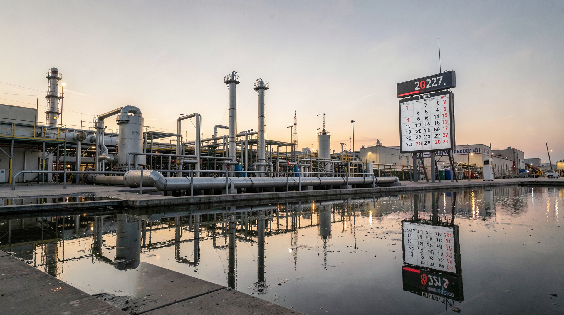 Oil facility pipes at dawn with a trading screen showing the year 2027.