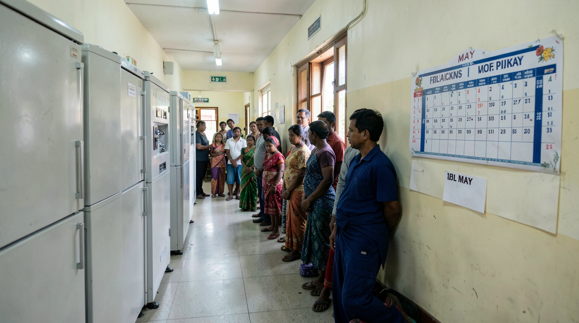 A Dhaka clinic corridor with vaccine coolers and waiting parents.