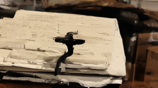 Radio studio microphone under a dust cover with archive boxes behind it