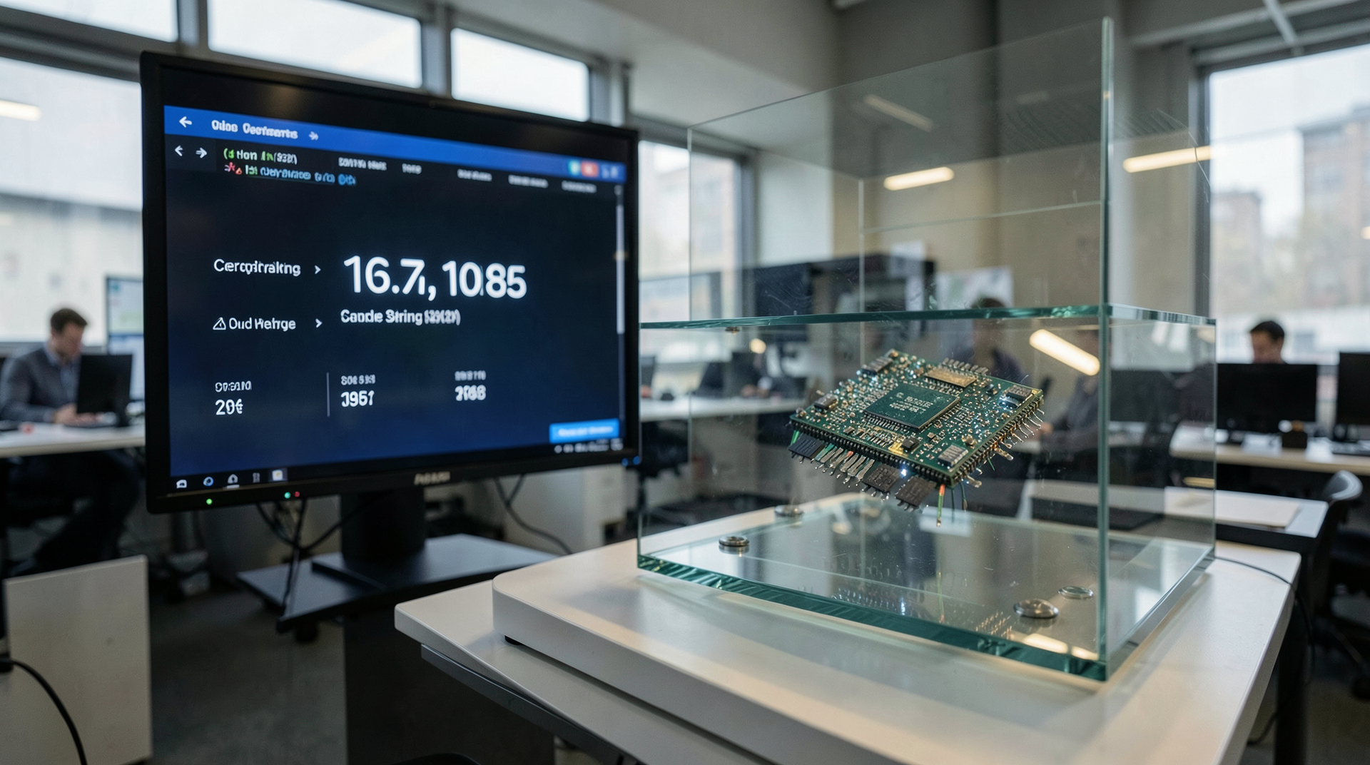 A trading screen showing Cerebras pricing beside a wafer-scale AI chip.