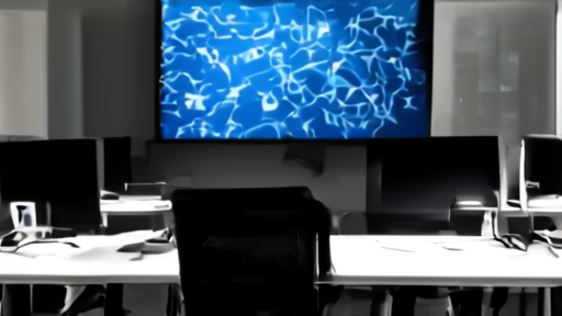 Empty office desks with a Cloudflare network map glowing on a wall display