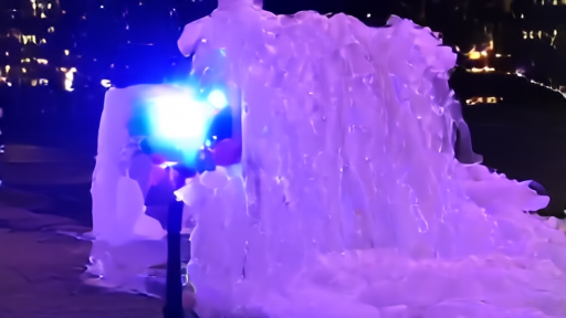 Toronto ice sculpture lit by a livestream camera at night