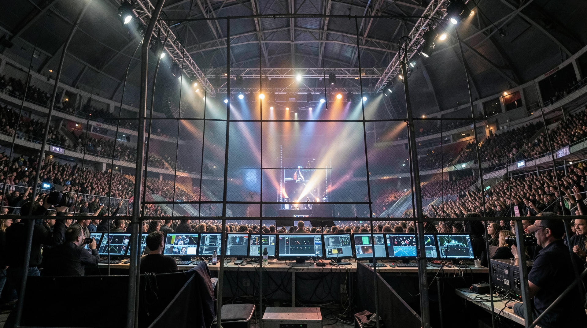 Vienna arena stage lights seen through security fencing and broadcast monitors.