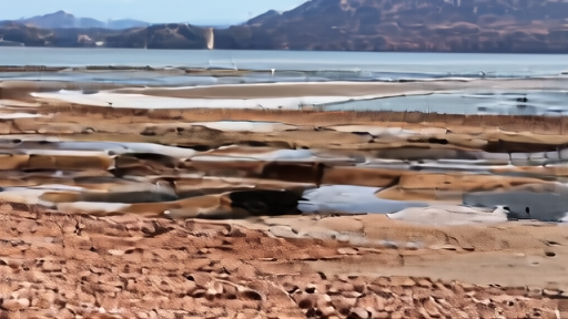A low red-rock reservoir shoreline with a distant dam release gate under dry spring light