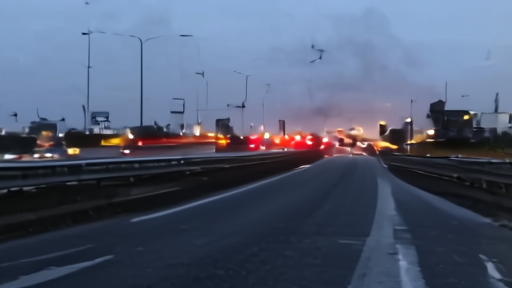 Highway checkpoint south of Beirut at dusk with smoke in the distance
