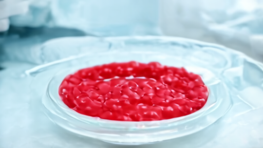 A laboratory close-up of red blood cells forming a gel scaffold beside a stopwatch and surgical light