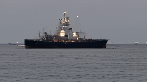 Anchored tanker silhouette in gray Gulf water under a low sky