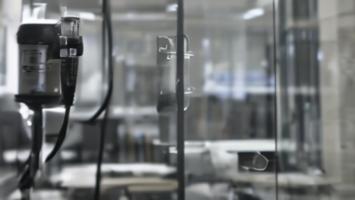 Podcast studio microphone reflected in a glass office wall