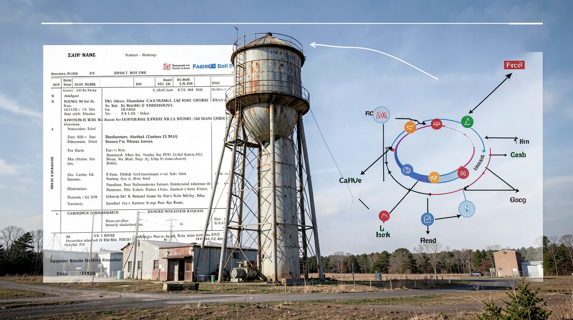 Studio water tower and FCC papers beside a shareholder ownership chart.