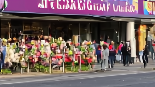 Theater marquee above a Mother's Day flower stand