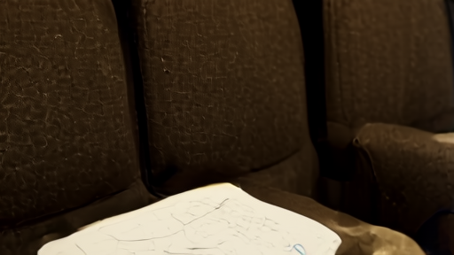 An empty theater aisle seat with a notebook, pen, and old press pass under a dim house light