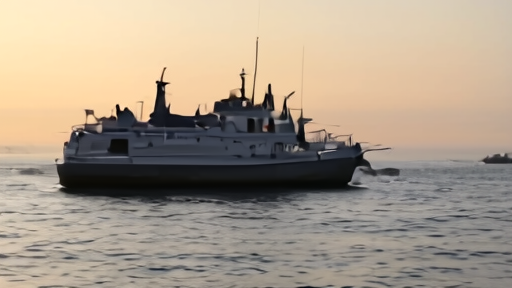 Right whale mother and calf surfacing near a small research vessel at sunrise