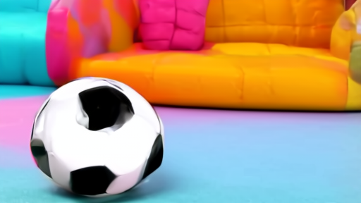 Soccer ball on a children's television studio floor with bright set lights