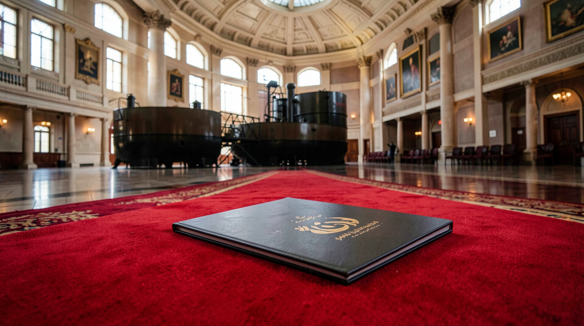 A red-carpet diplomatic hall with a folder marked Iran and an oil tanker silhouette.