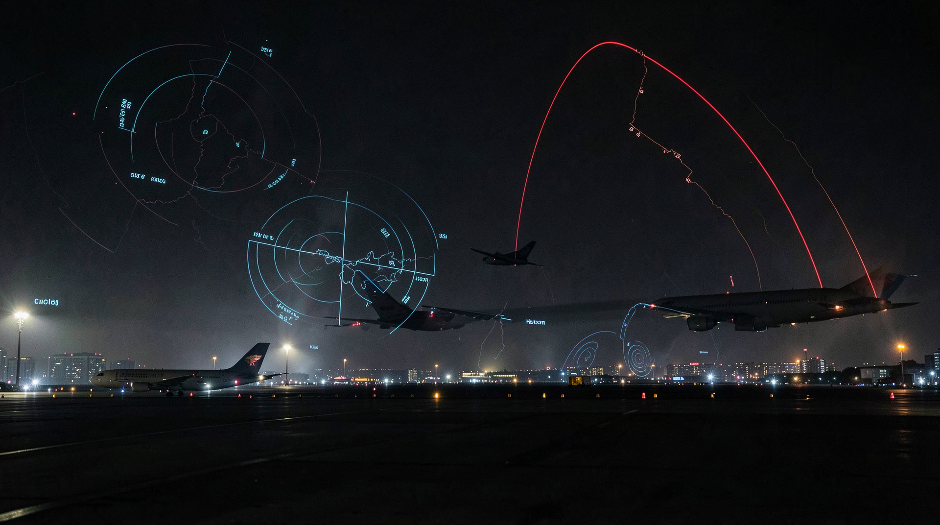 A night airport tarmac in Beijing with radar screens showing Gulf air routes.