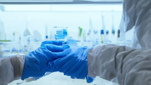 Laboratory researcher in gloves examining a small vial under cold lab lighting with reagents behind them