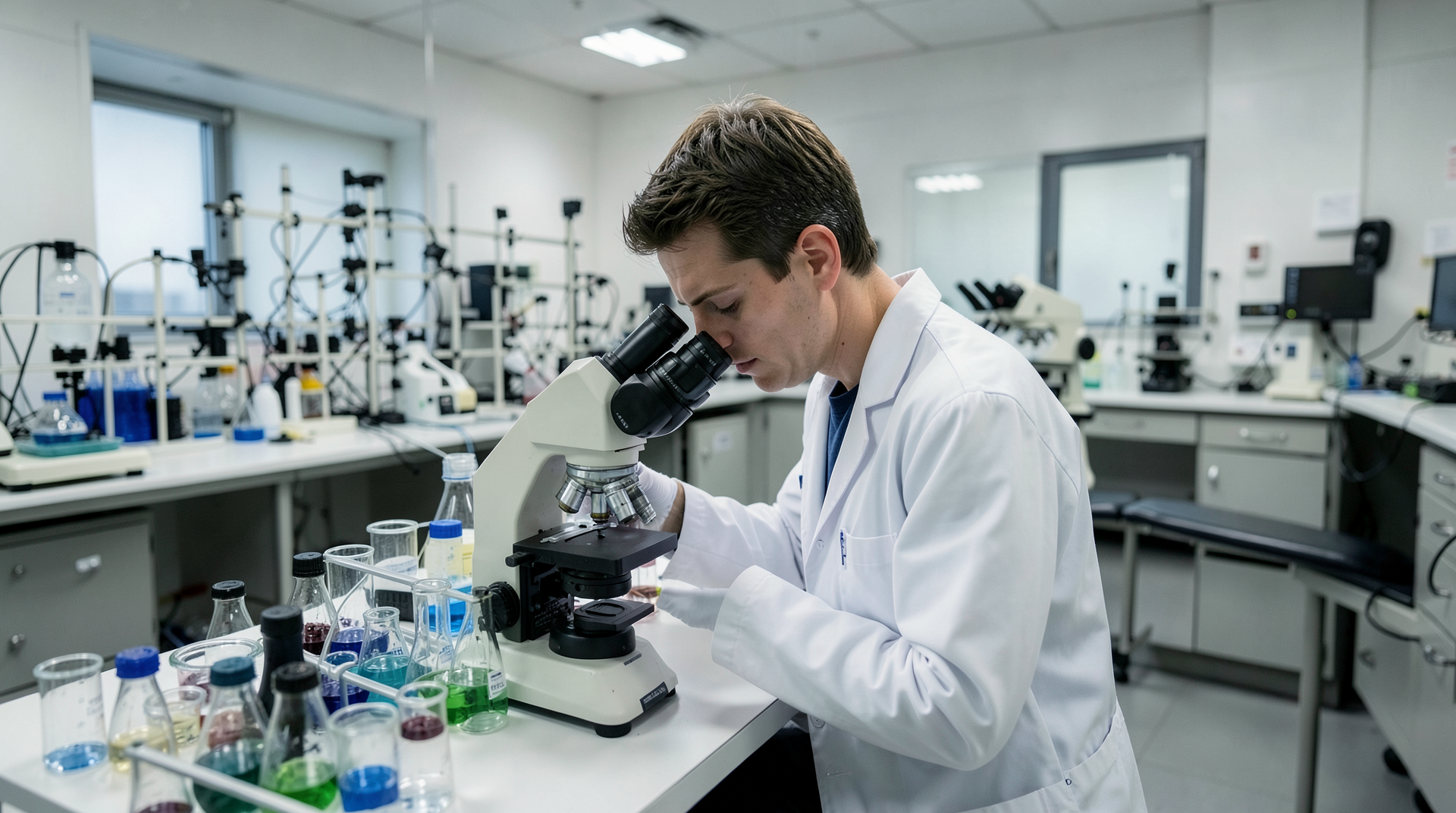 Oncology research lab with scientist in white coat examining cell cultures under microscope, rows of laboratory equipment in background