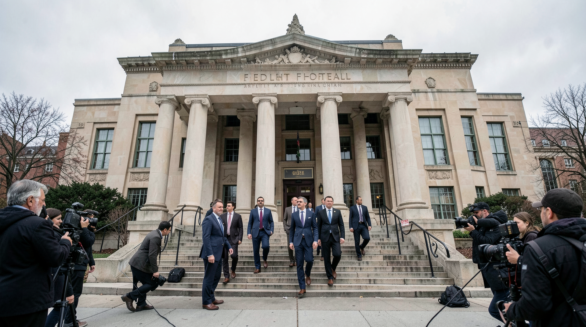 Federal courthouse exterior with attorneys in business attire walking up steps, TV cameras at perimeter, overcast sky