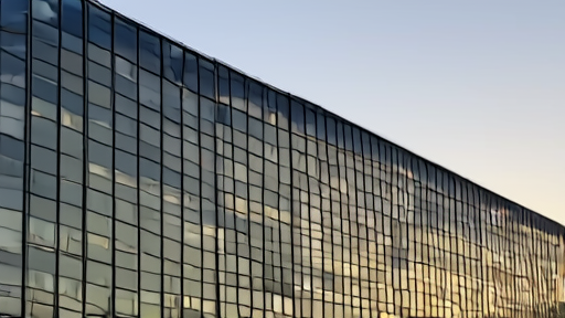 A modern government building exterior at dusk with digital network visualization in the sky