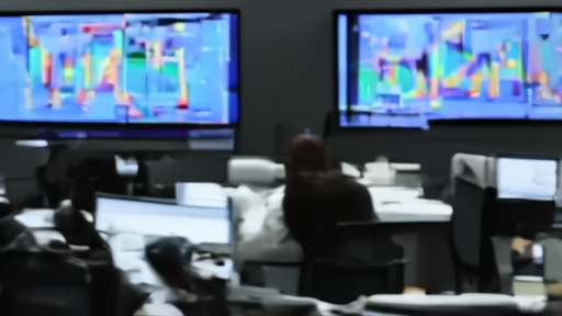 Trading floor with oil price monitors and analyst workstations, muted light