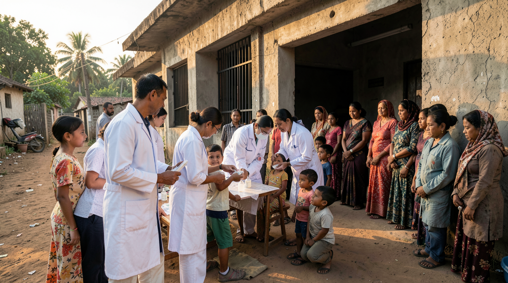 Field clinic in a Bangladeshi district with health workers in white coats administering vaccines to children, mothers waiting in line outside a concrete building