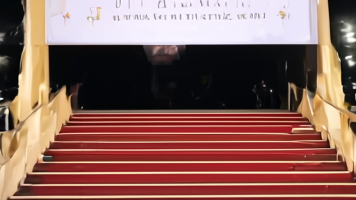 Palais des Festivals red carpet at night with camera flashes and a festival banner overhead